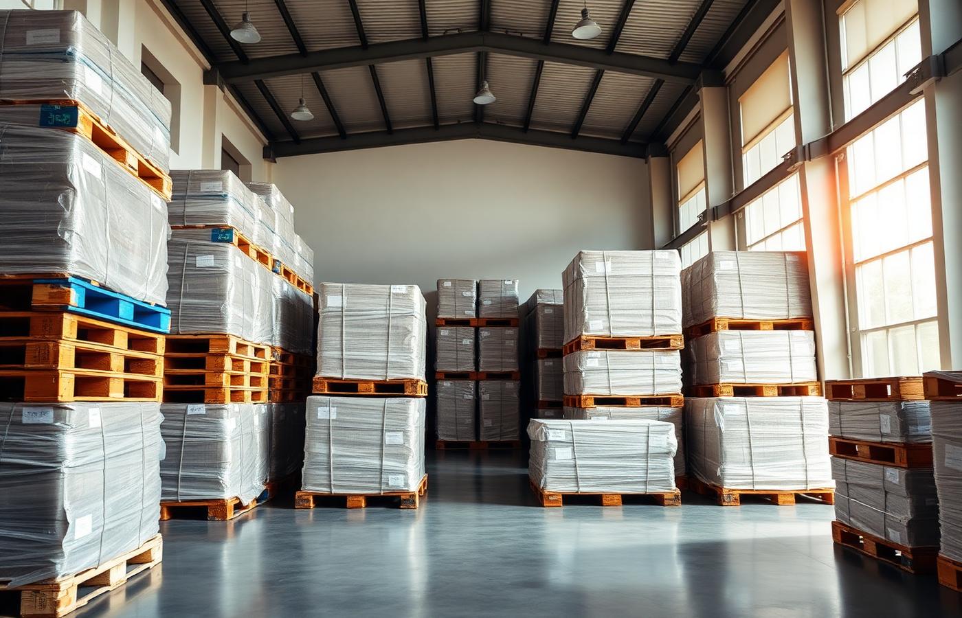 Organised export warehouse with stacked pallets